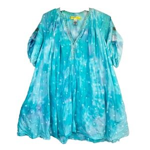 Catherine‎ Malandrino Tie Dye Blue Eyelet Peasant Top Sz 8 Whimsical Cotton Silk